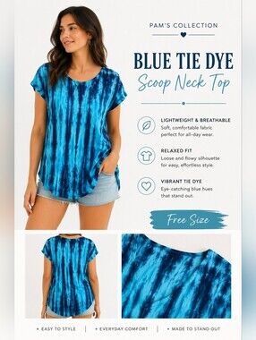 Pam’s Collection Blue Tie Dye Scoop Neck Short Sleeve Top Free Size